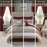 Madison Park Essentials Jelena Room in A Bag Faux Silk Comforter Classic Luxe All Season Down Alternative Bedding, Matching Bedskirt, Curtains, Decorative Pillows, Queen(90"x90"), Red, 24 Piece