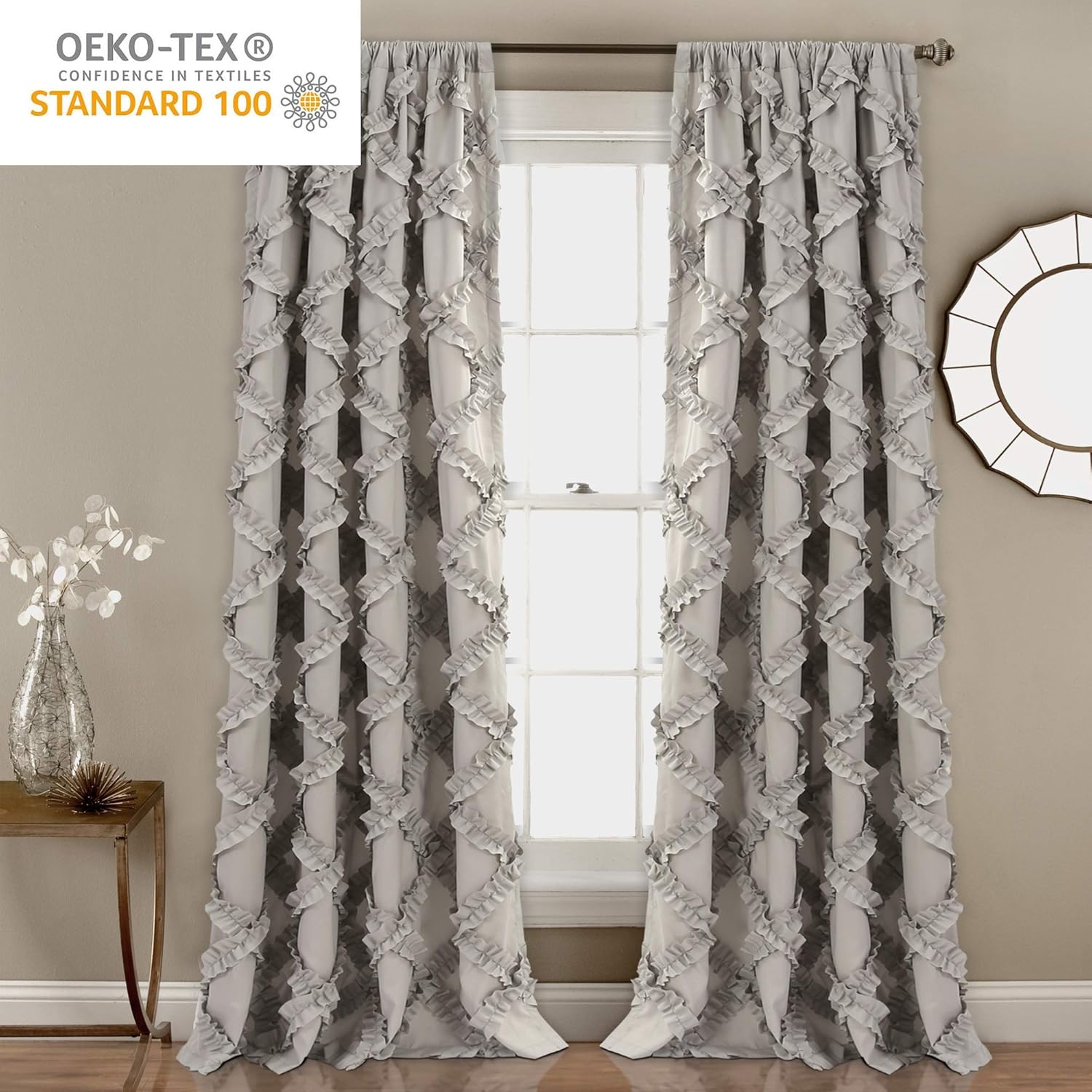 Lush Decor Gray Ruffle Diamond Curtains Textured Window Panel Set For Living Dining Room Bedroom Pair 84in X 54in Secondary image