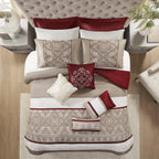 Madison Park Essentials Jelena Room in A Bag Faux Silk Comforter Classic Luxe All Season Down Alternative Bedding, Matching Bedskirt, Curtains, Decorative Pillows, Queen(90"x90"), Red, 24 Piece
