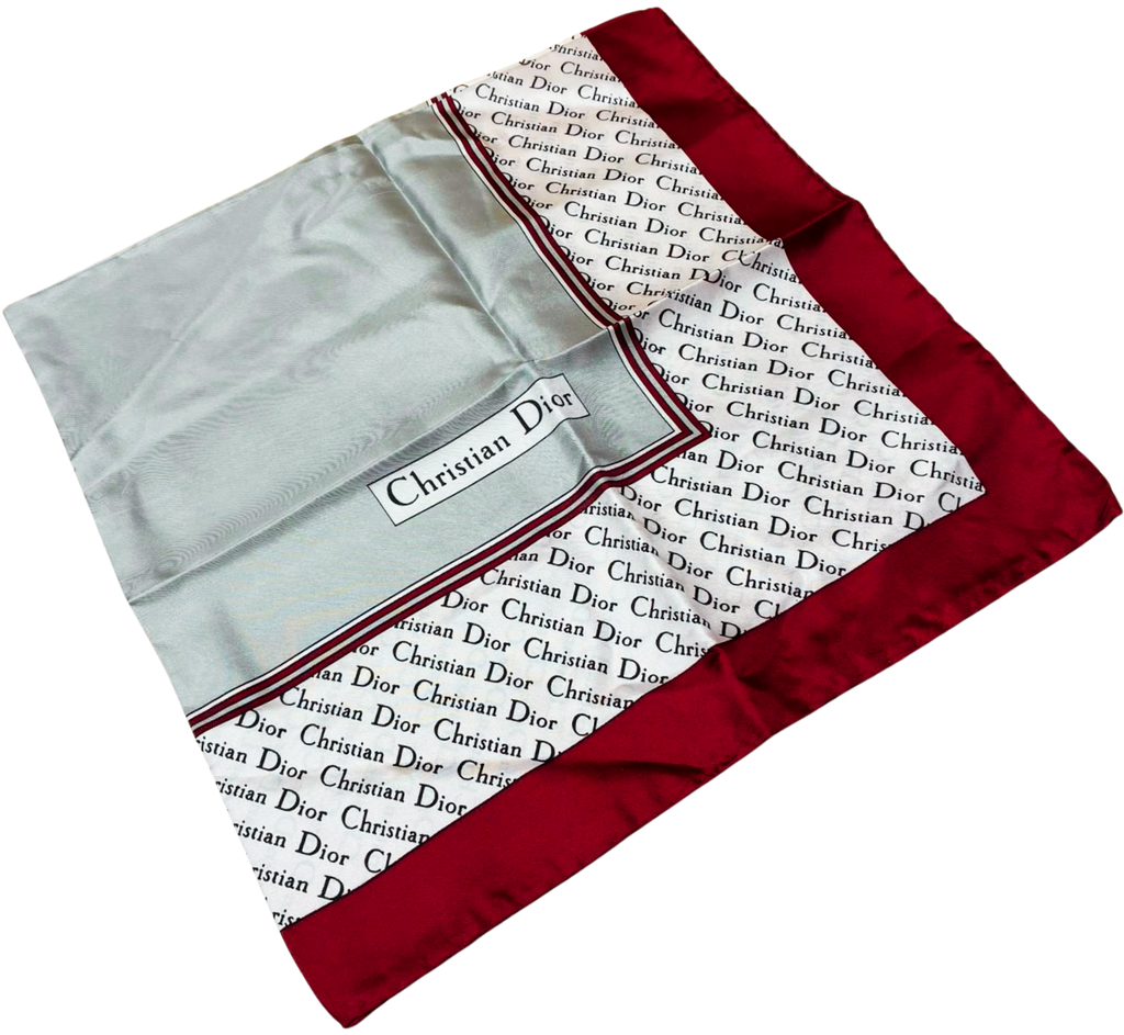 Christian Dior Vintage Silk Monogram Scarf Solid Burgundy Border All Over Repeating Oblique Logo Print 67CM X 67CM