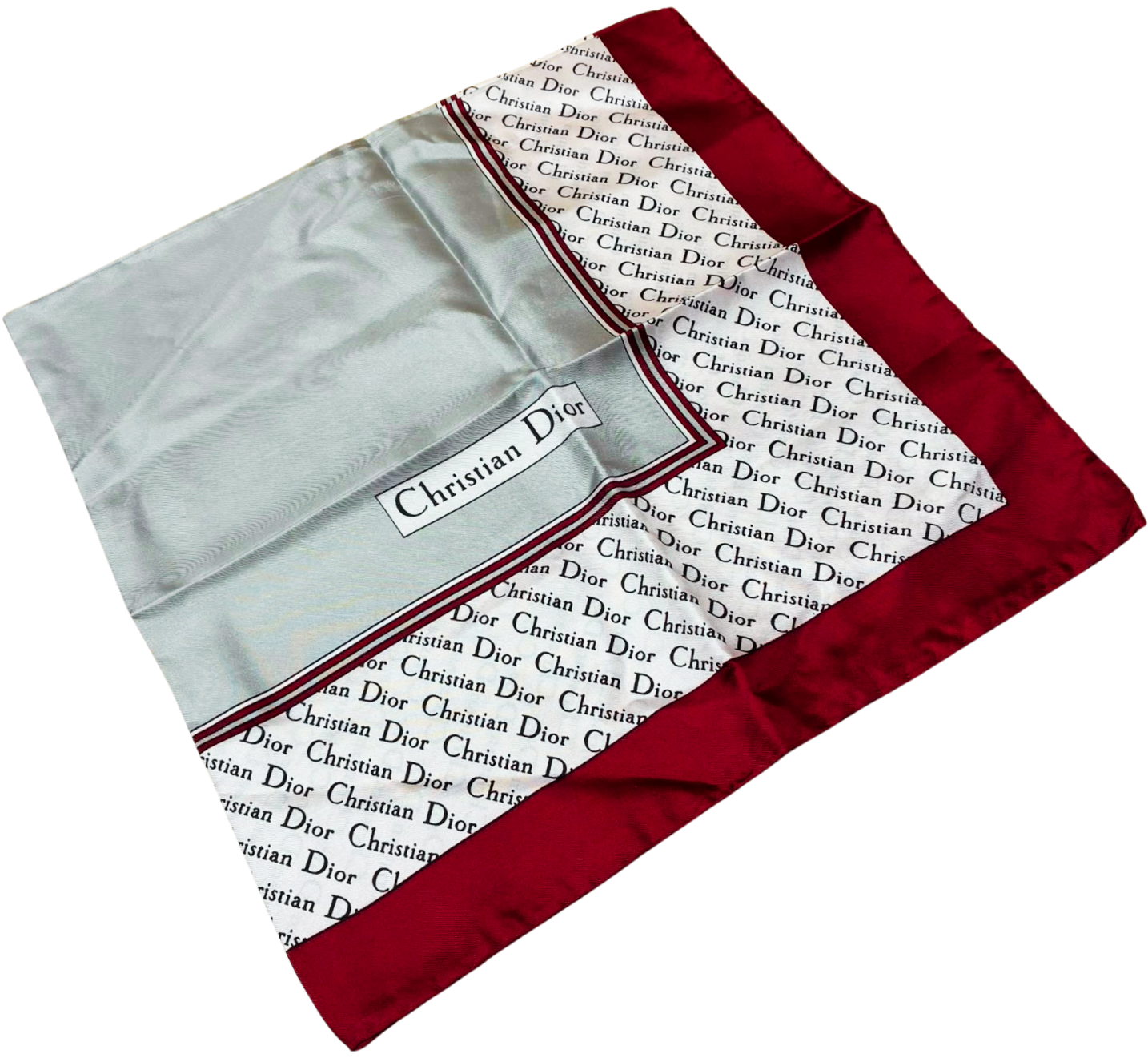Christian Dior Vintage Silk Monogram Scarf Solid Burgundy Border All Over Repeating Oblique Logo Print 67CM X 67CM