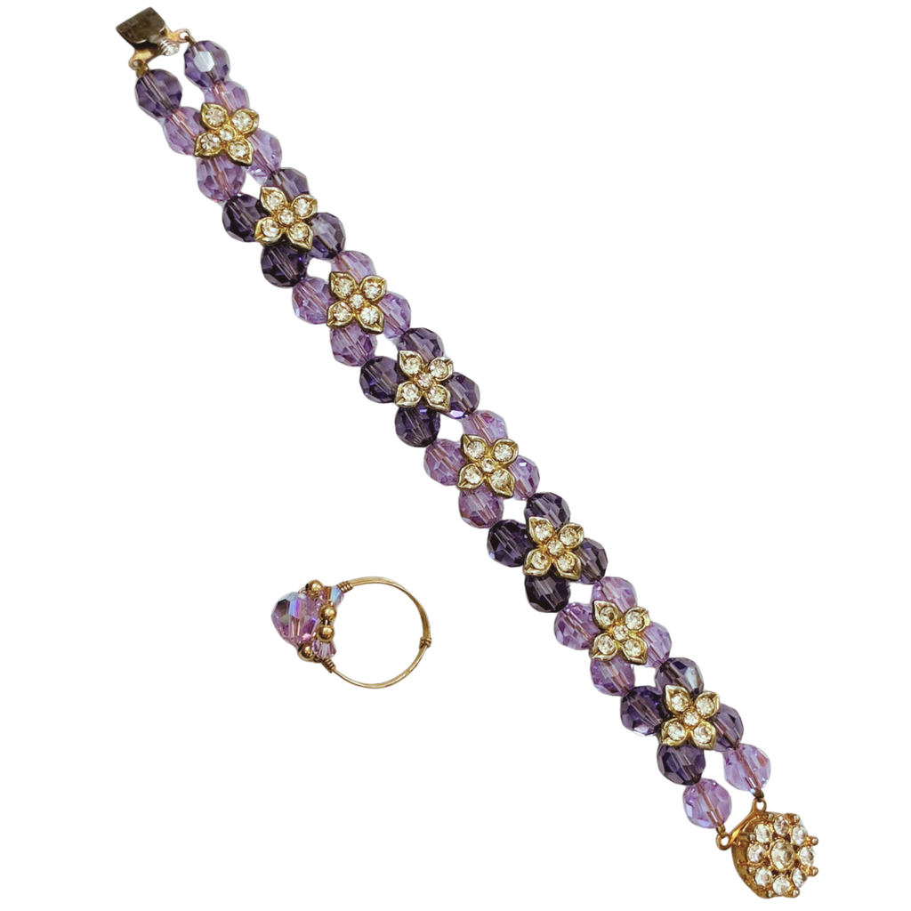 Gold Tone Metal  Fashion Purple Crystal Bracelet And Ring Set