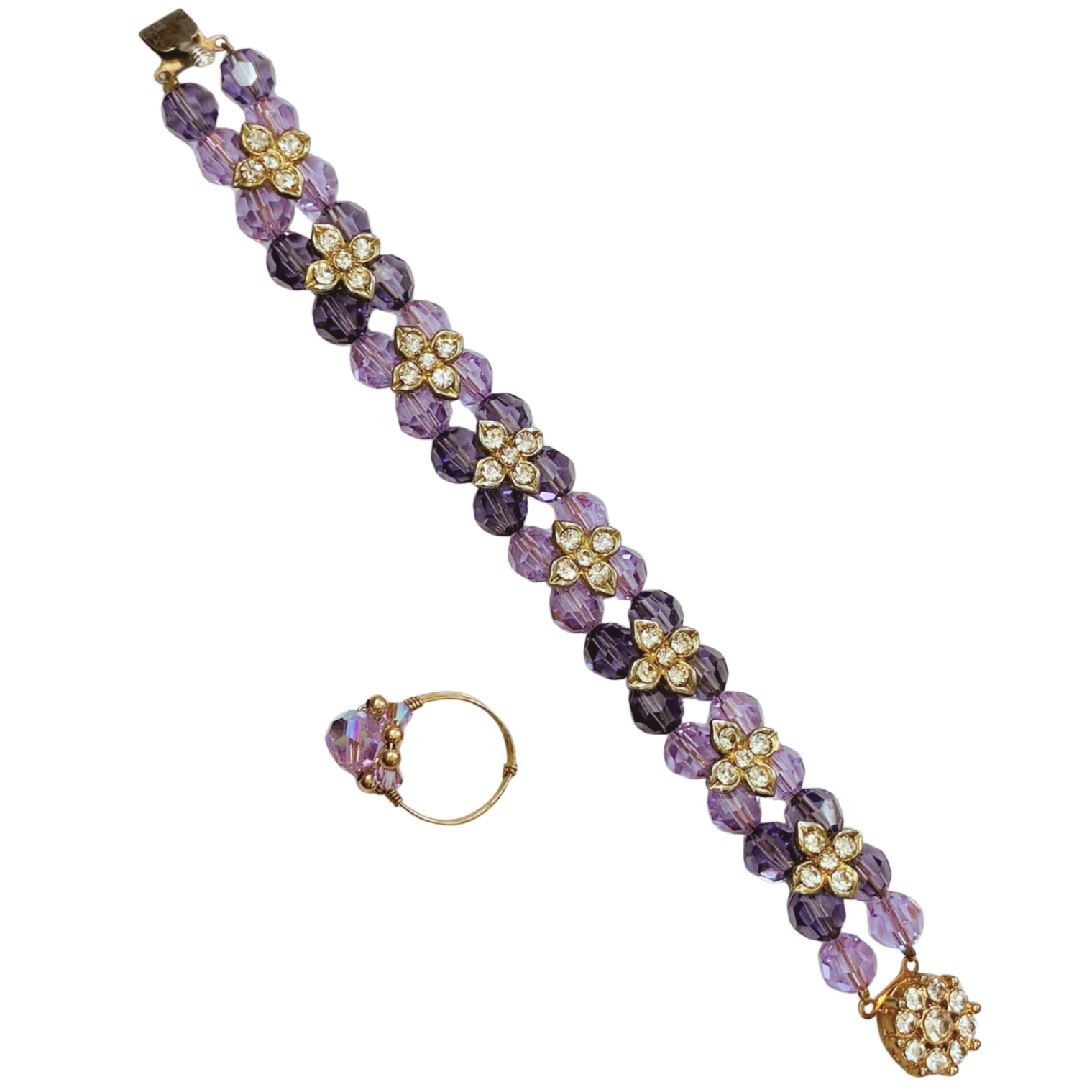 Gold Tone Metal  Fashion Purple Crystal Bracelet And Ring Set