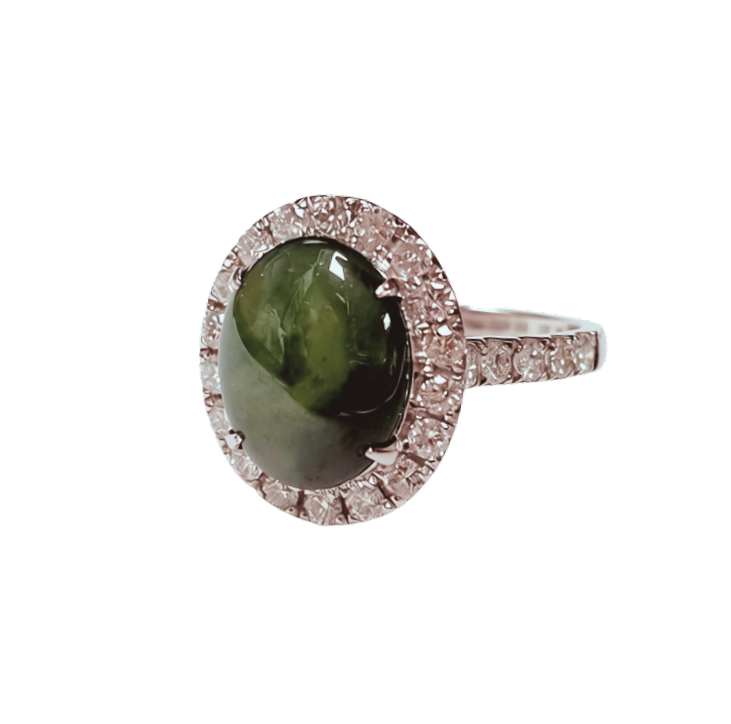 18K White Gold Jade And Diamond Halo Ring 4.61G Size 12