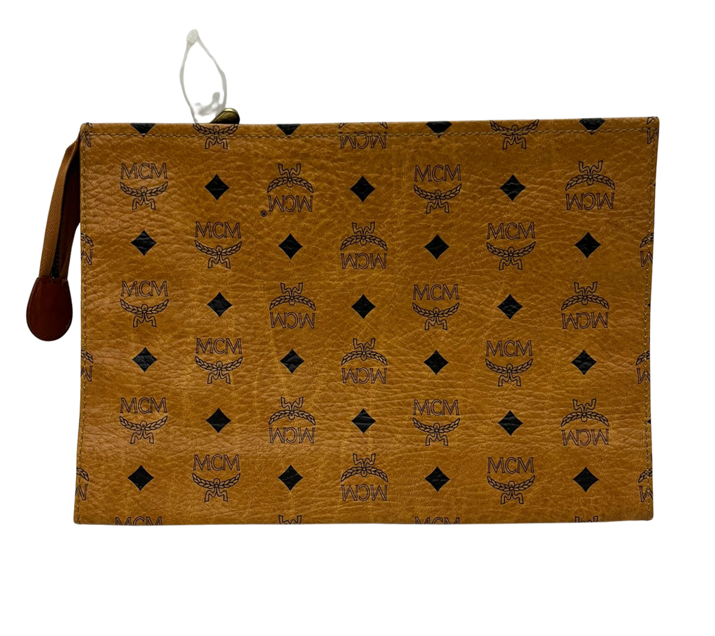 MCM Aren Medium Wristlet Zip Pouch Visetos Cognac Coated Canvas And Nappa Leather 29cm