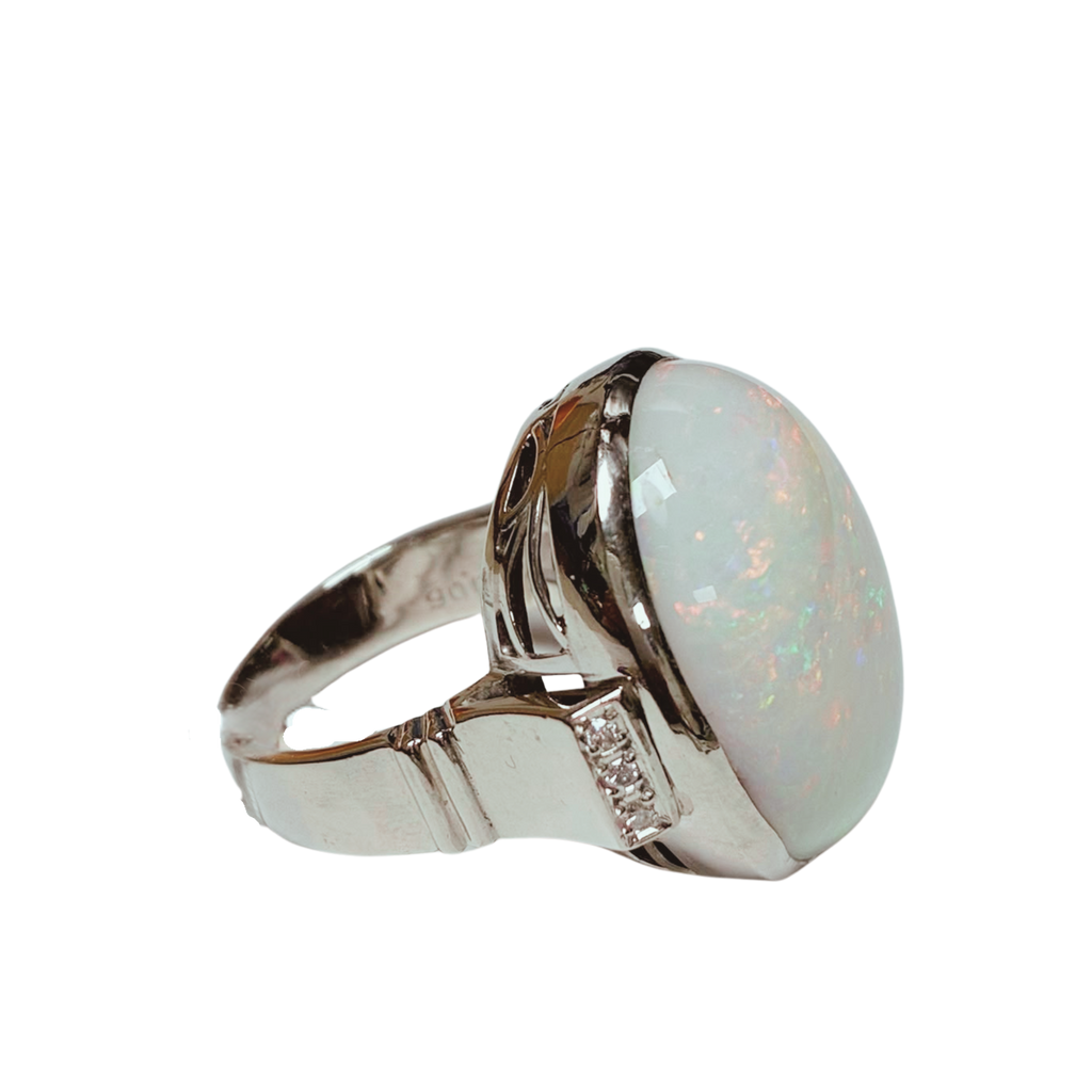 PT900 Cabochon Cut Opal And Diamond Cocktail Ring 19.0G Size 17