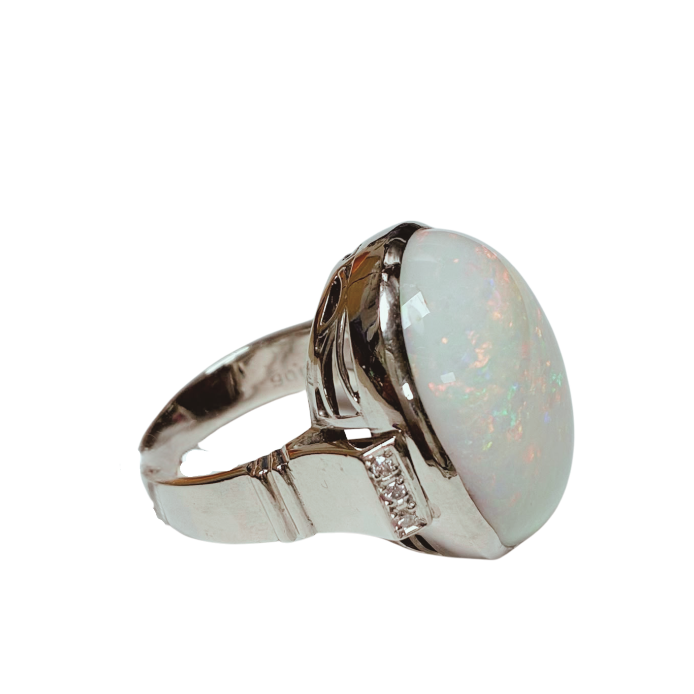 PT900 Cabochon Cut Opal And Diamond Cocktail Ring 19.0G Size 17