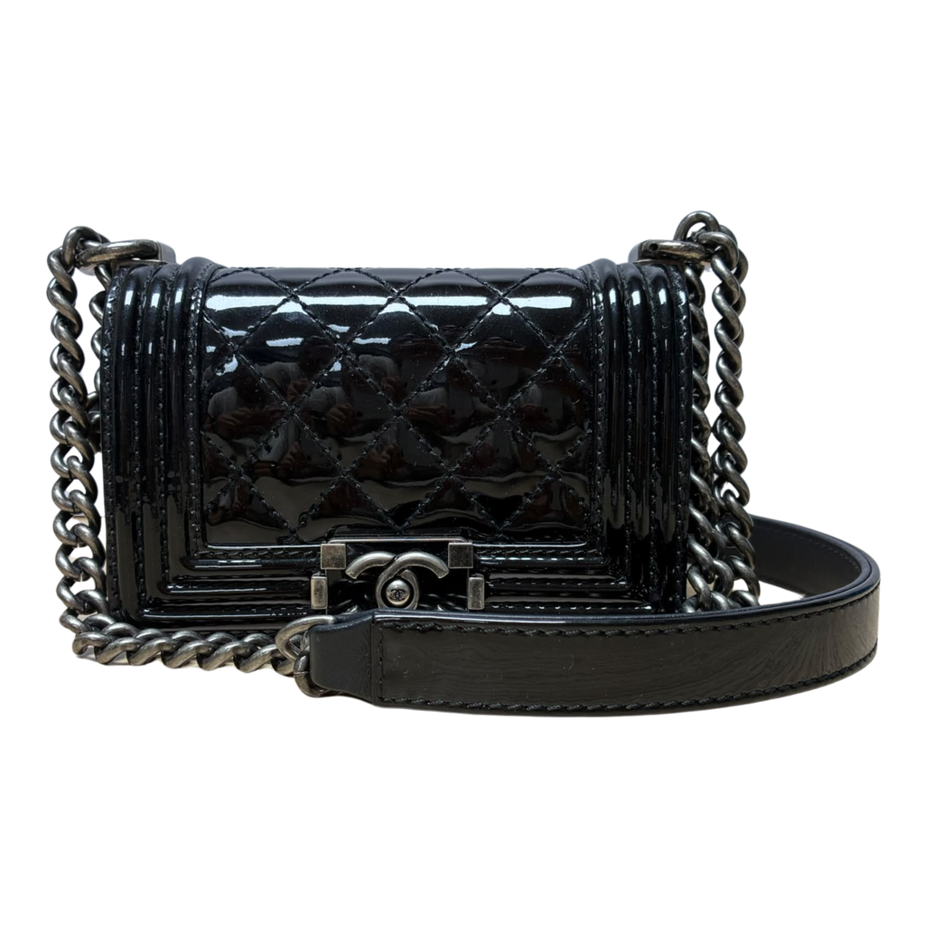 Chanel Boy Flap Bag Black Quilted Patent Leather Mini