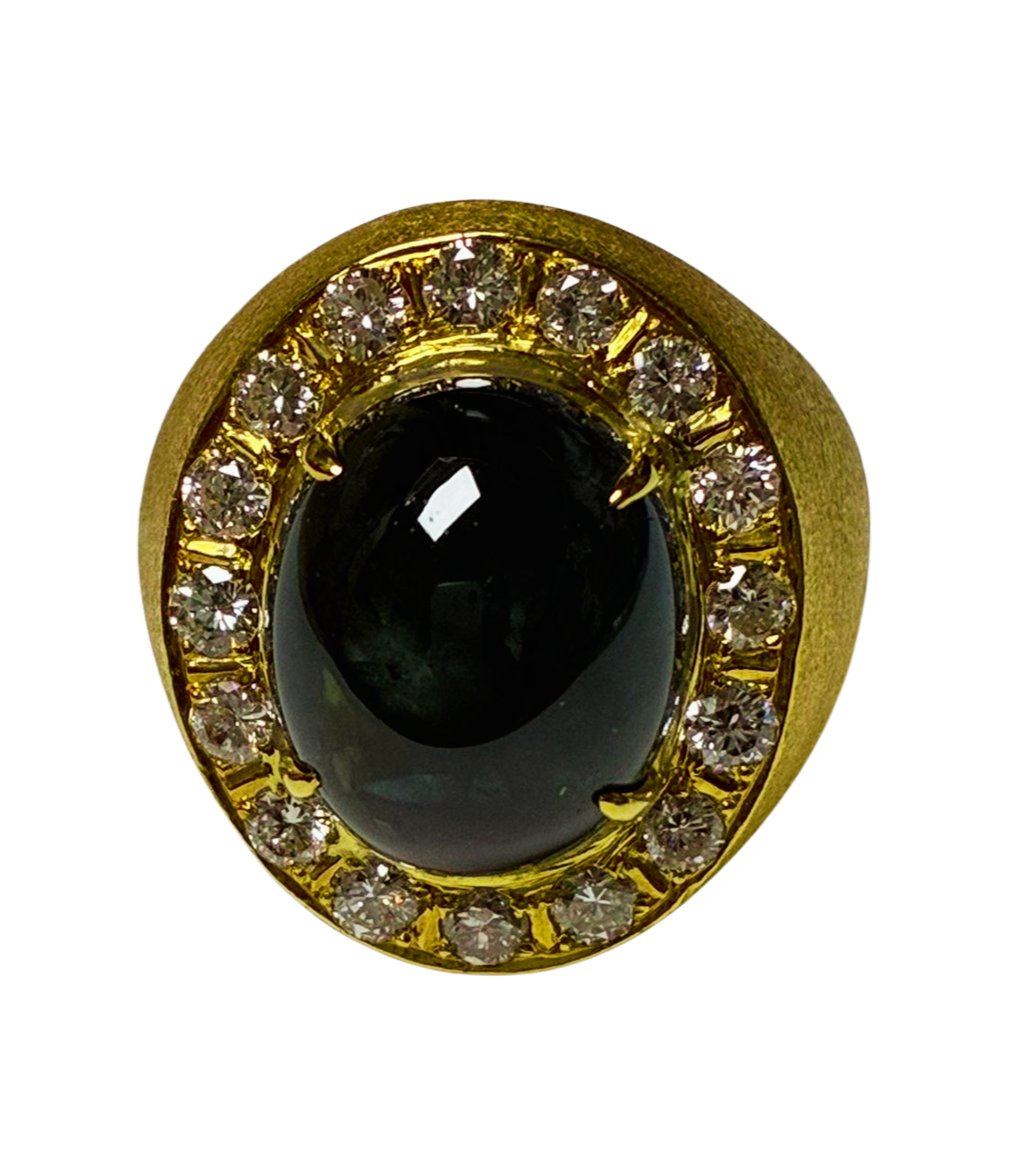 916 Yellow Gold Cocktail Ring 13.50 Carat Blue Sapphire Cabochon 20 Diamonds 22.9g Secondary image