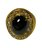 916 Yellow Gold Cocktail Ring 13.50 Carat Blue Sapphire Cabochon 20 Diamonds 22.9g