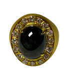 916 Yellow Gold Cocktail Ring 13.50 Carat Blue Sapphire Cabochon 20 Diamonds 22.9g