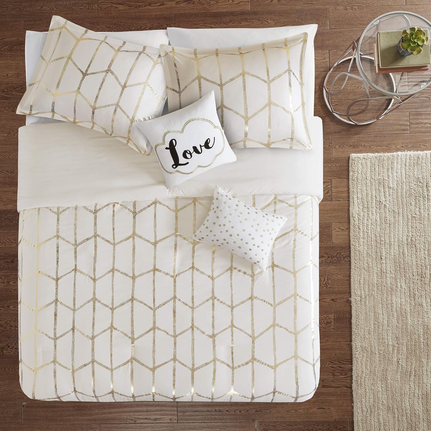 Intelligent Design Raina Duvet Set Metallic Print Geometric Style Embroidered Toss Pillows Modern Trendy All Season Comforter Cover Bedding-Set with Matching Sham, Full/Queen, Ivory/Gold 5 Piece Secondary image