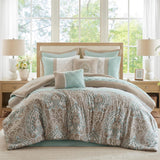 510 DESIGN Luxe Quilted Comforter Set Modern Transitional Design, All Season Down Alternative Warm Bedding Matching Shams, Bedskirt, Decorative Pillow, King, Shawnee Scrollwork Seafoam