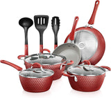 NutriChef 11-Pcs Non-Stick Kitchenware Pots & Pans - Stylish Kitchen Cookware Set w/Elegant Diamond Pattern, Gray Inside & Red Outside, Cool-Touch Handles