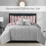 Juicy Couture Cabana Stripe Reversible Bedding Set, King Size, Pink & Grey Stripe Print - 6 Pcs Set