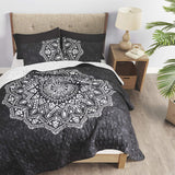 Comfort Spaces Reversible Quilt Set-Vermicelli Stitching Design All Season, Lightweight, Coverlet Bedspread Bedding, Matching Shams, King (104 in x 90 in), Ava Medallion Black 3 Piece