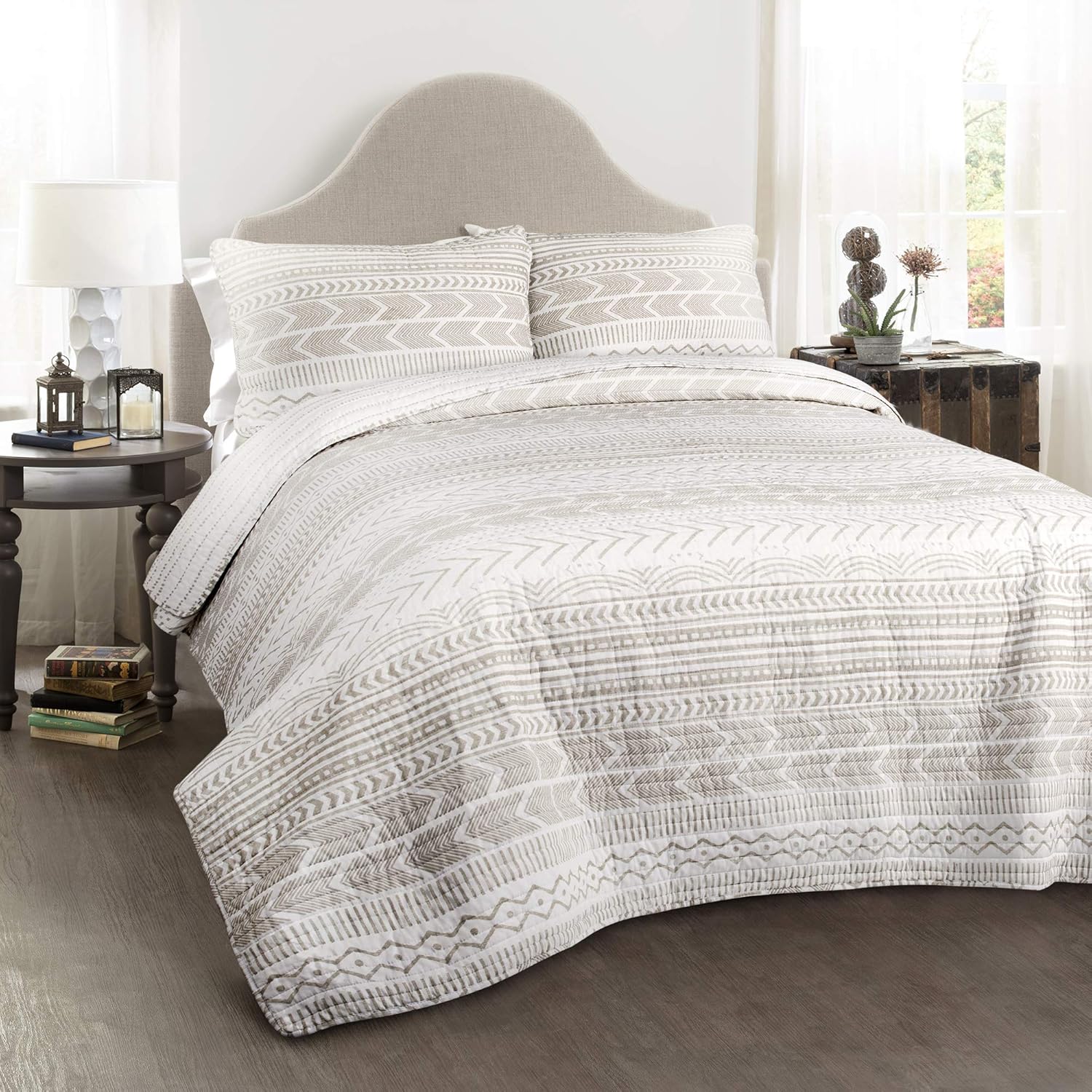 Lush Decor Hygge Geo Pattern Striped 3 Piece Quilt Bedding Set, Full/Queen, Taupe & White Main image