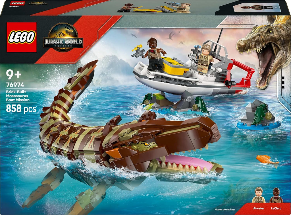 LEGO Jurassic World Brick-Built Mosasaurus Boat Mission Toy Dinosaur Set 76974