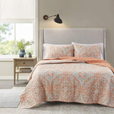 Comfort Spaces Reversible Quilt Set Vermicelli Stitching Design Full Queen 90in X 90in Gloria Damask Coral 3 Piece