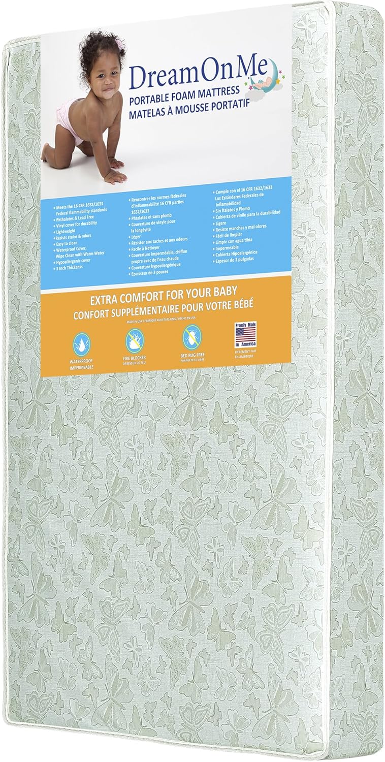 Dream On Me Butterfly 3in TwoSided Fiber Portable Mini Crib Mattress