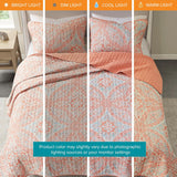 Comfort Spaces Reversible Quilt Set Vermicelli Stitching Design Full Queen 90in X 90in Gloria Damask Coral 3 Piece