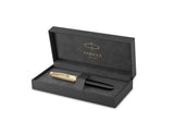 Parker 51 Fountain Pen, Deluxe Black Barrel with Gold Trim, Fine 18k Gold Nib with Black Ink Cartridge