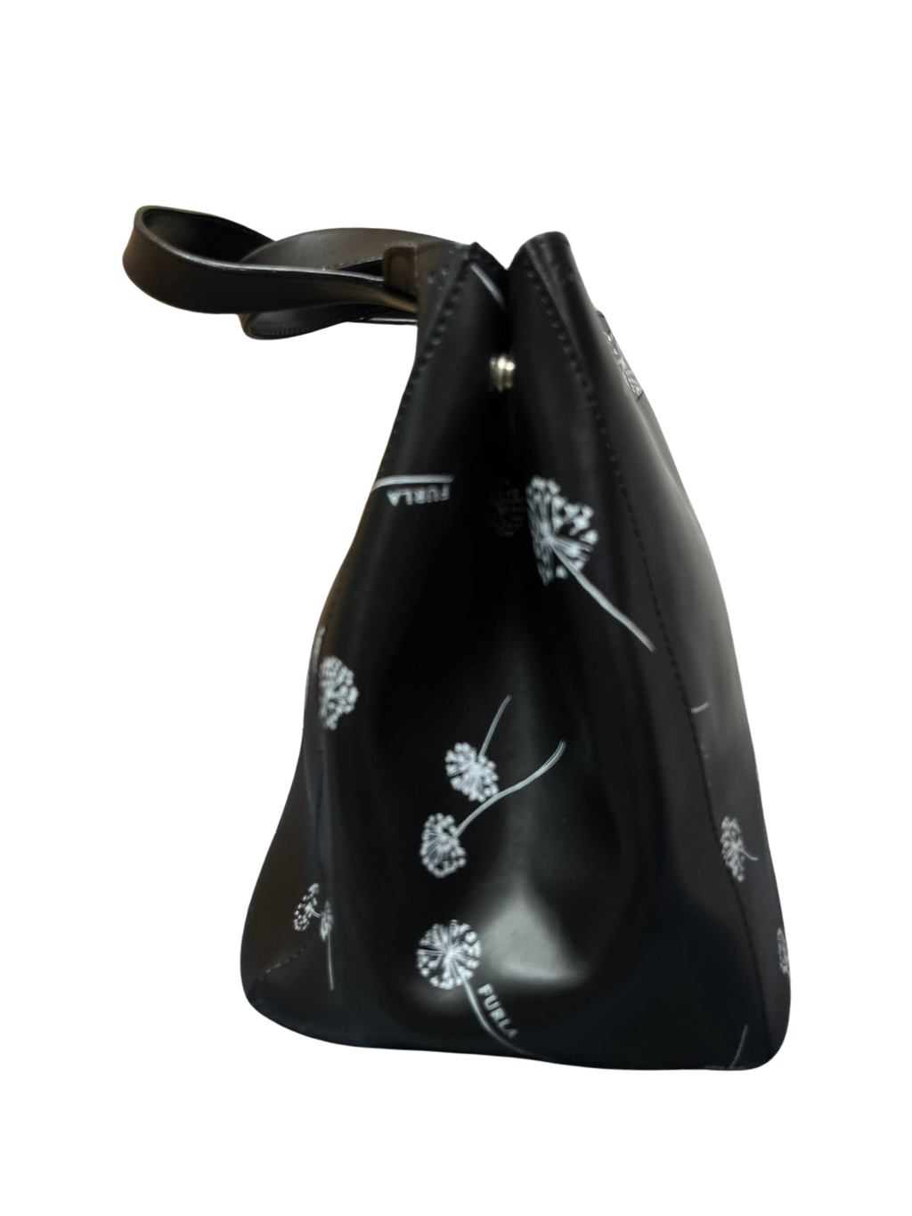 Furla Tote Bag Black Leather White Dandelion Print