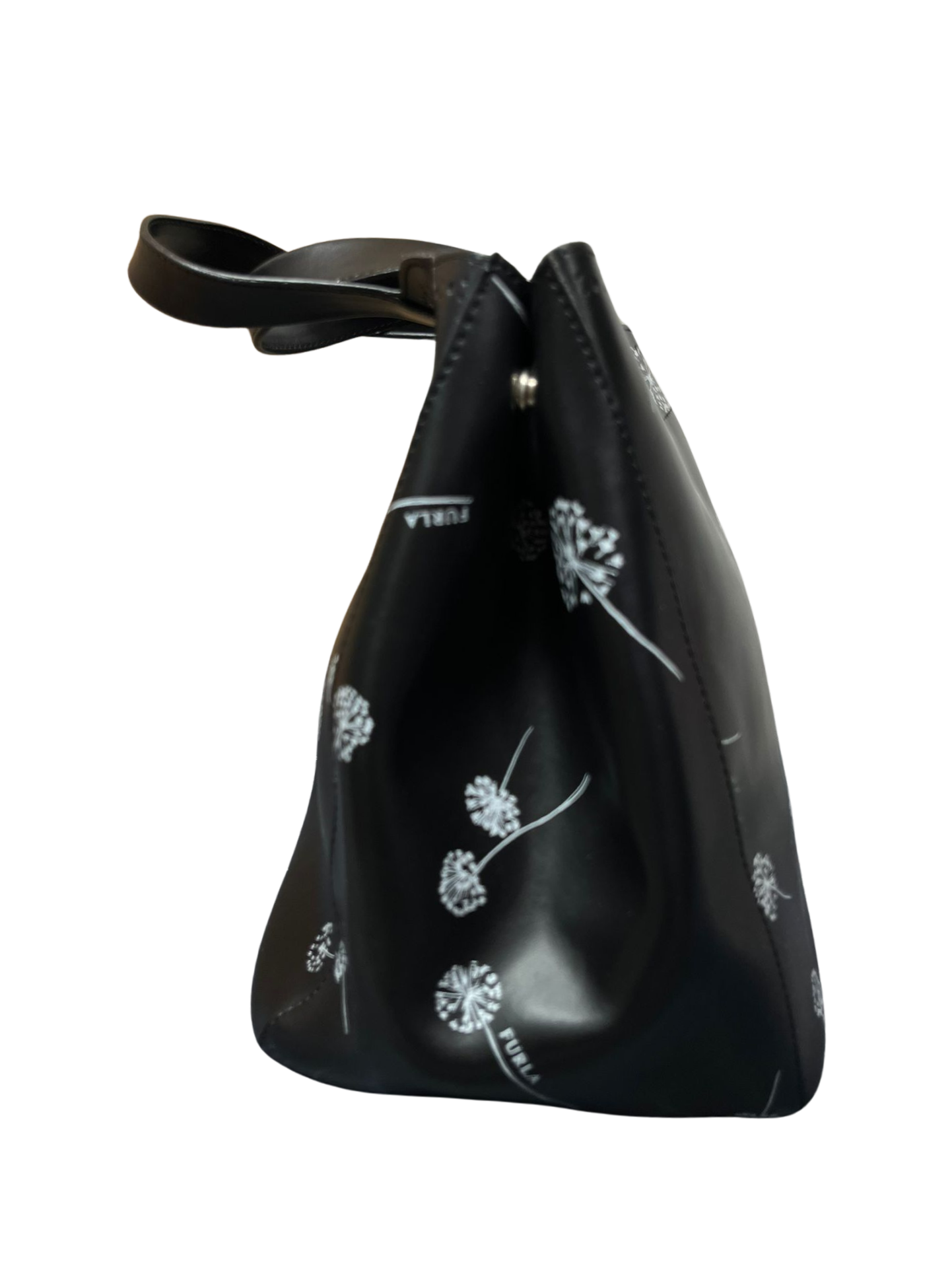 Furla Tote Bag Black Leather White Dandelion Print