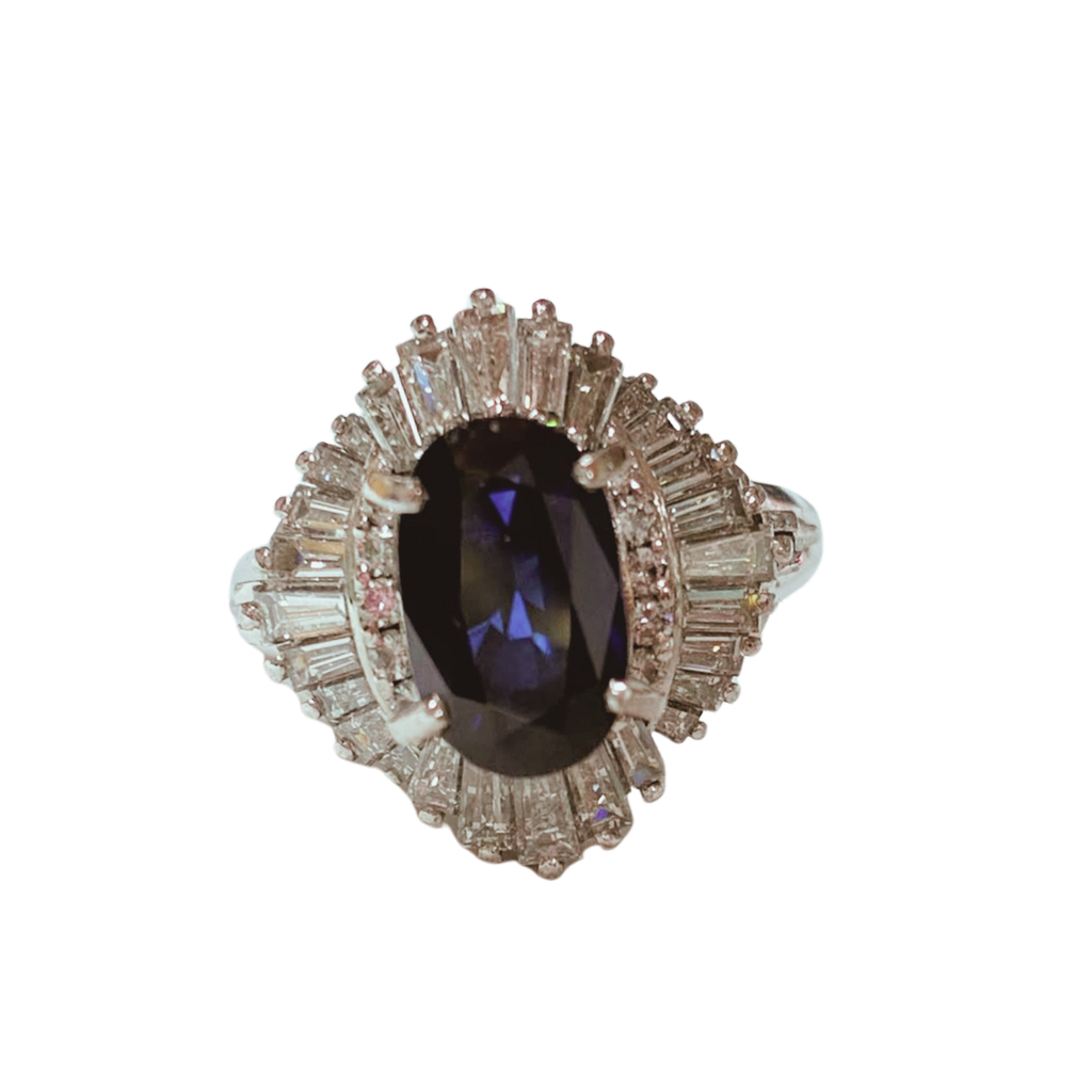 PT900  Ballerina Cluster Ring Oval Deep Blue Sapphire Framed By Tiered Halo Of Tapered Baguette And Round Diamonds 9.0G Size 11