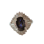 PT900  Ballerina Cluster Ring Oval Deep Blue Sapphire Framed By Tiered Halo Of Tapered Baguette And Round Diamonds 9.0G Size 11