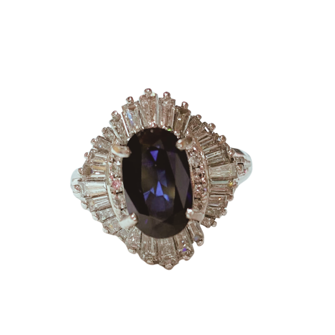 PT900  Ballerina Cluster Ring Oval Deep Blue Sapphire Framed By Tiered Halo Of Tapered Baguette And Round Diamonds 9.0G Size 11