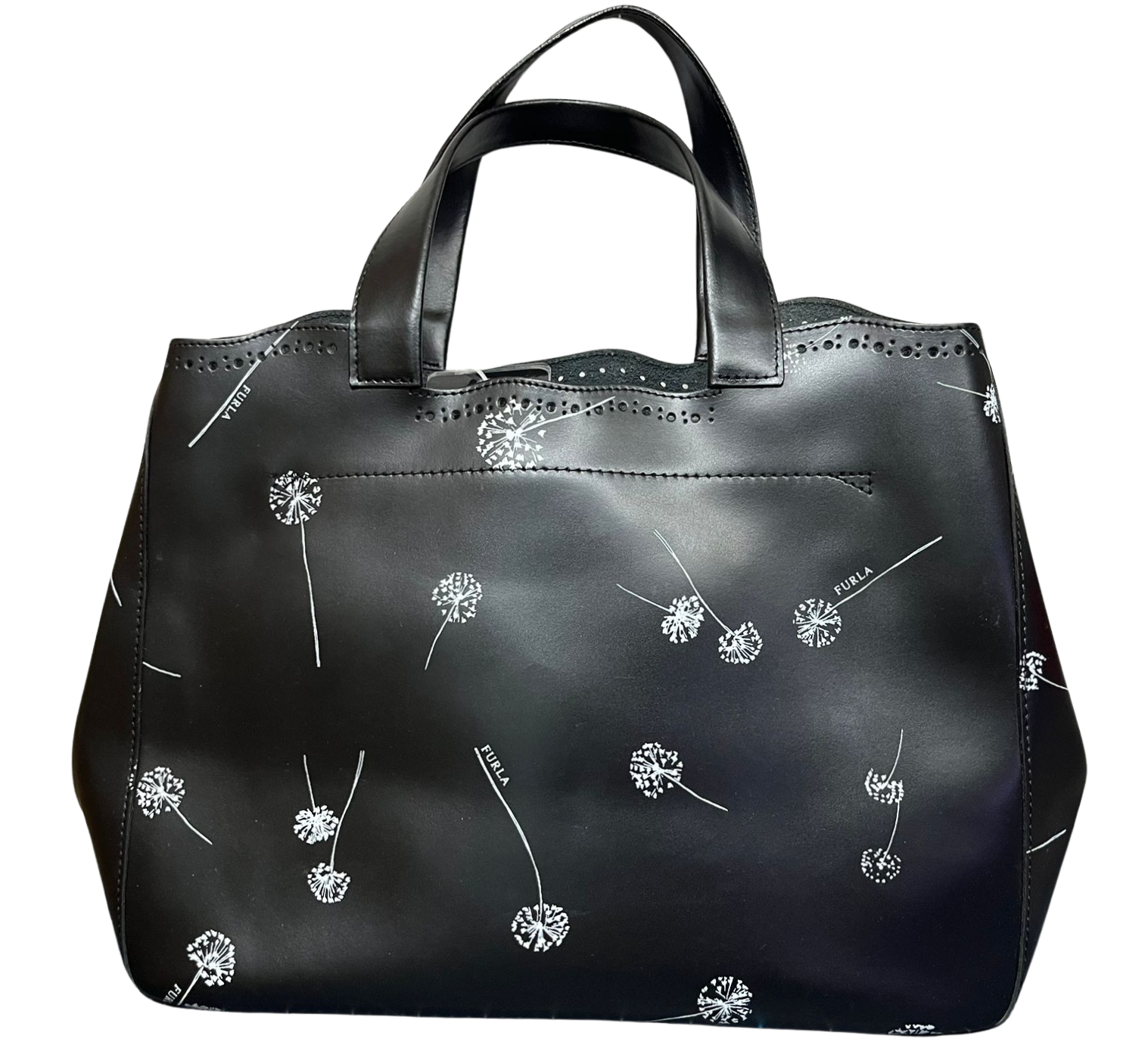 Furla Tote Bag Black Leather White Dandelion Print