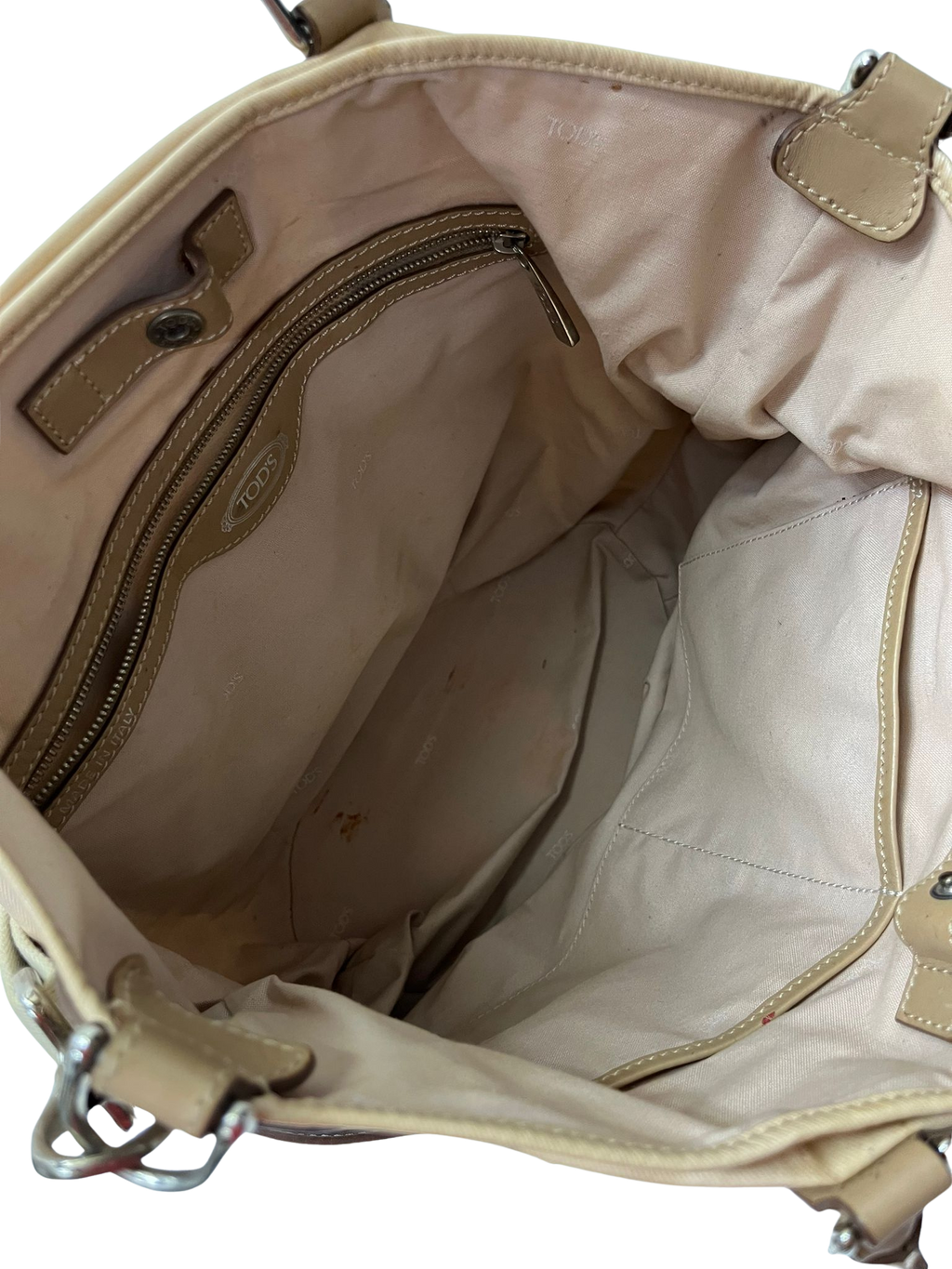 TODS Beige Coated Canvas Leather Trim Cargo Crossbody BAG