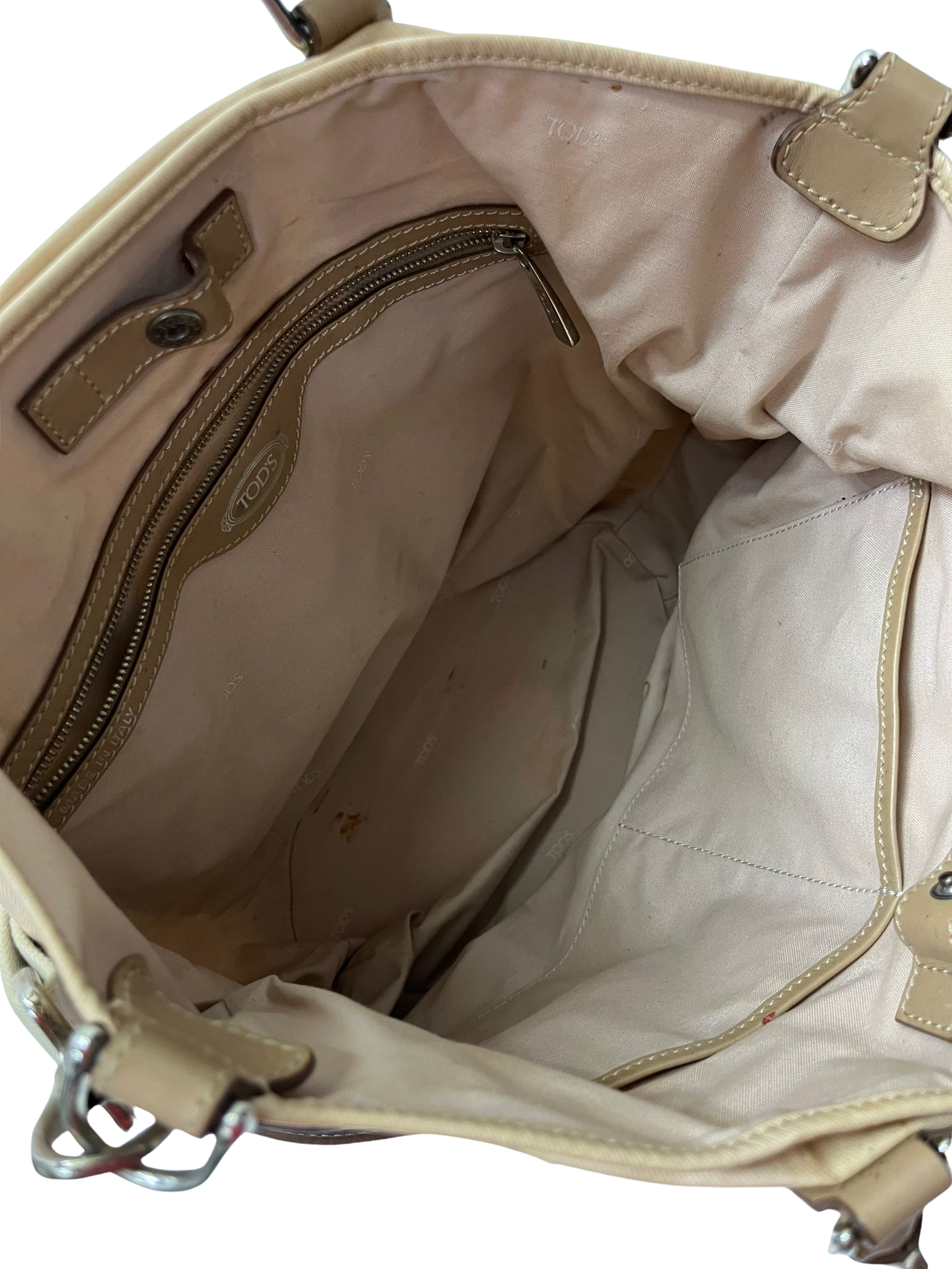 TODS Beige Coated Canvas Leather Trim Cargo Crossbody BAG