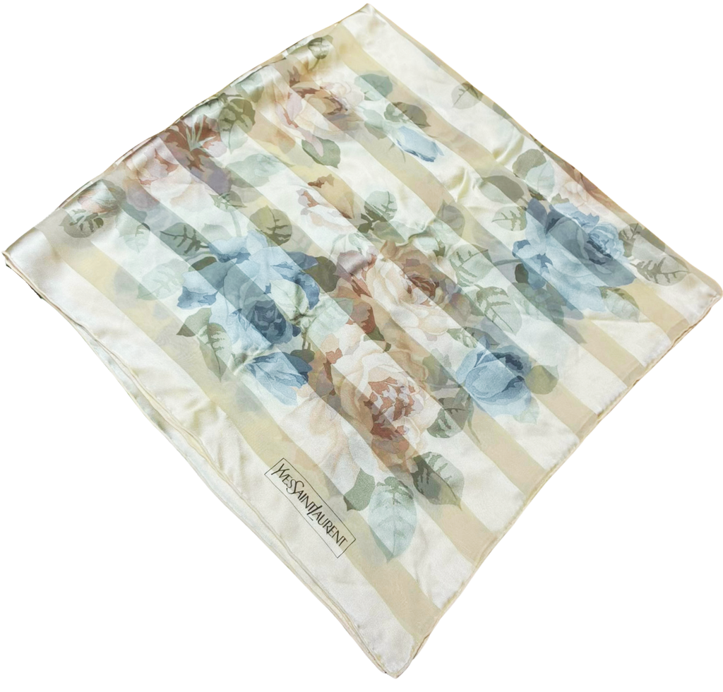 Yves Saint Laurent Silk Scarf  86CM X 86CM  Floral Design Muted Gold And Blue Tones