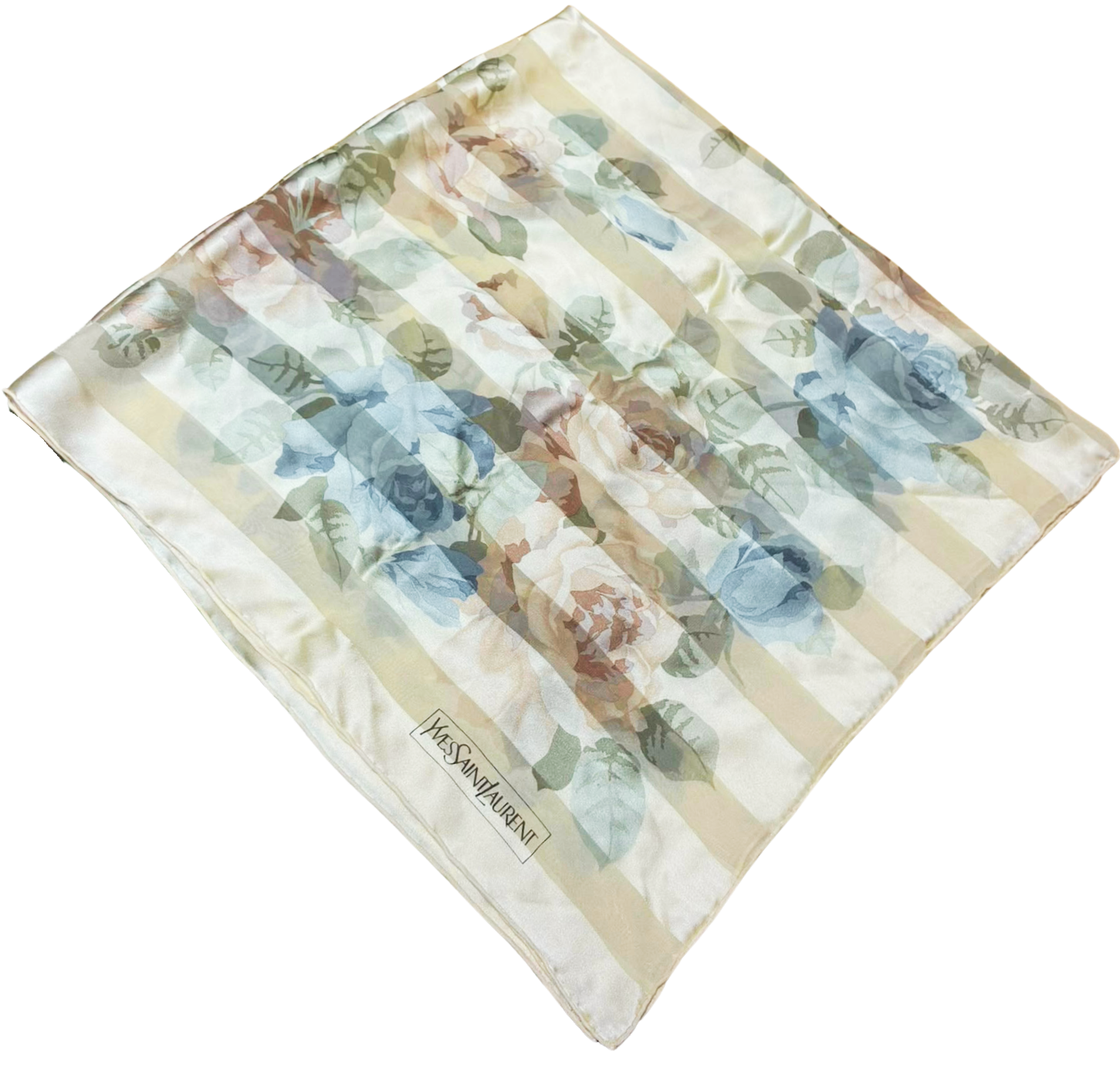 Yves Saint Laurent Silk Scarf  86CM X 86CM  Floral Design Muted Gold And Blue Tones