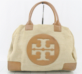 Tory Burch Tote Bag Ivory Canvas Leather with Logo