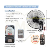 Toyomi FW4093R 16" Wall Fan With Remote Control