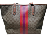 Coach F38405 Camel Sign VarsityStripe Zip Leather Tote Bag