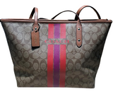 Coach F38405 Camel Sign VarsityStripe Zip Leather Tote Bag