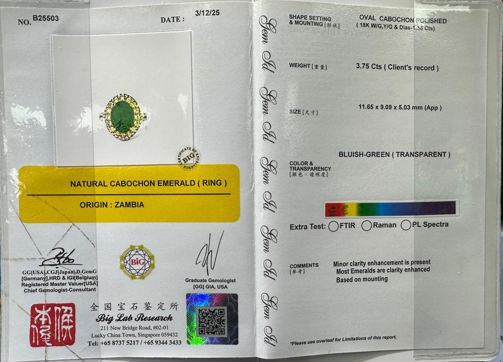 18K White Gold 3.75 Carats Emerald Diamond Lady Ring With Cert