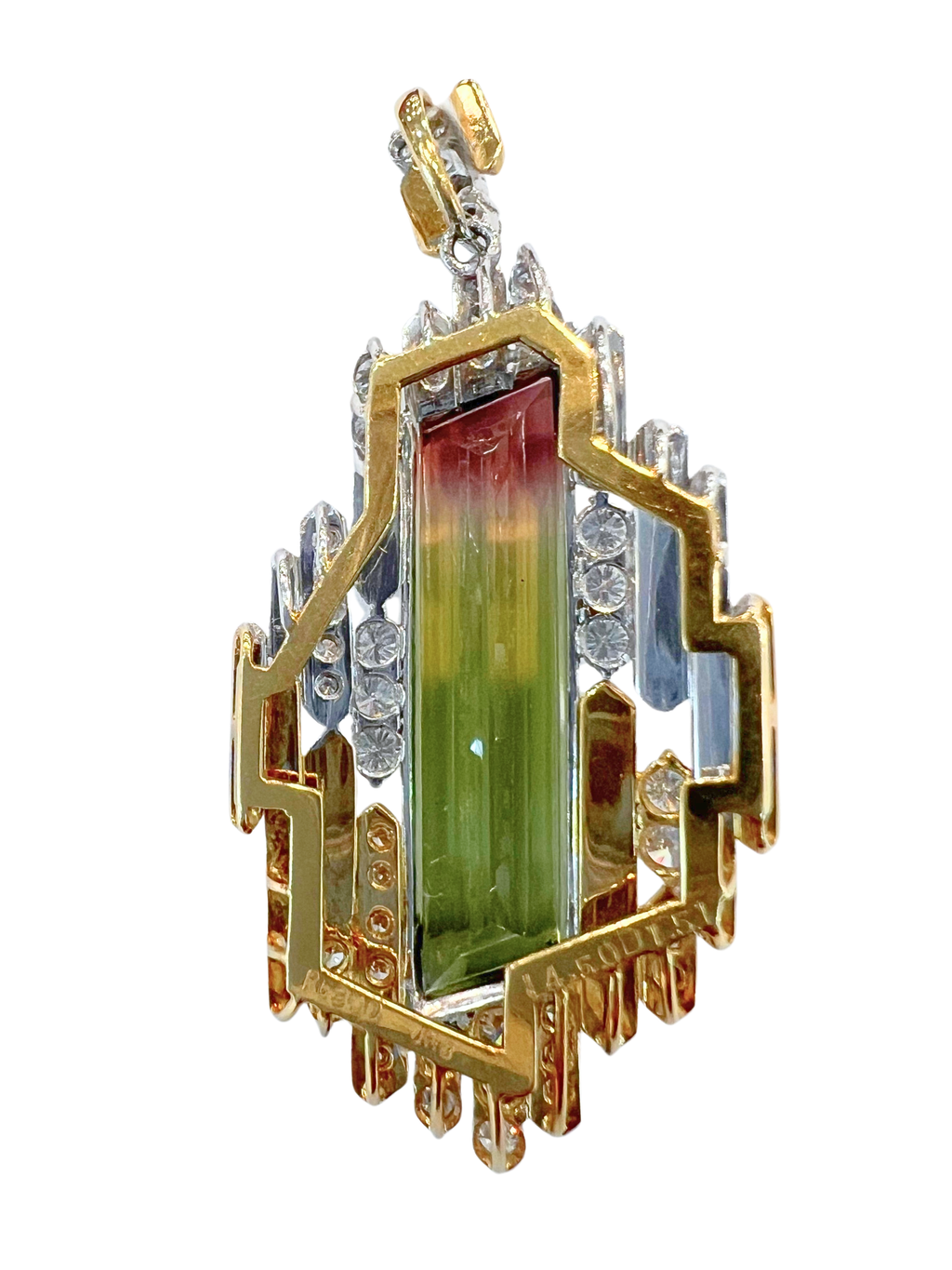Natural Bi-Color Tourmaline Platinum Diamond Pendant