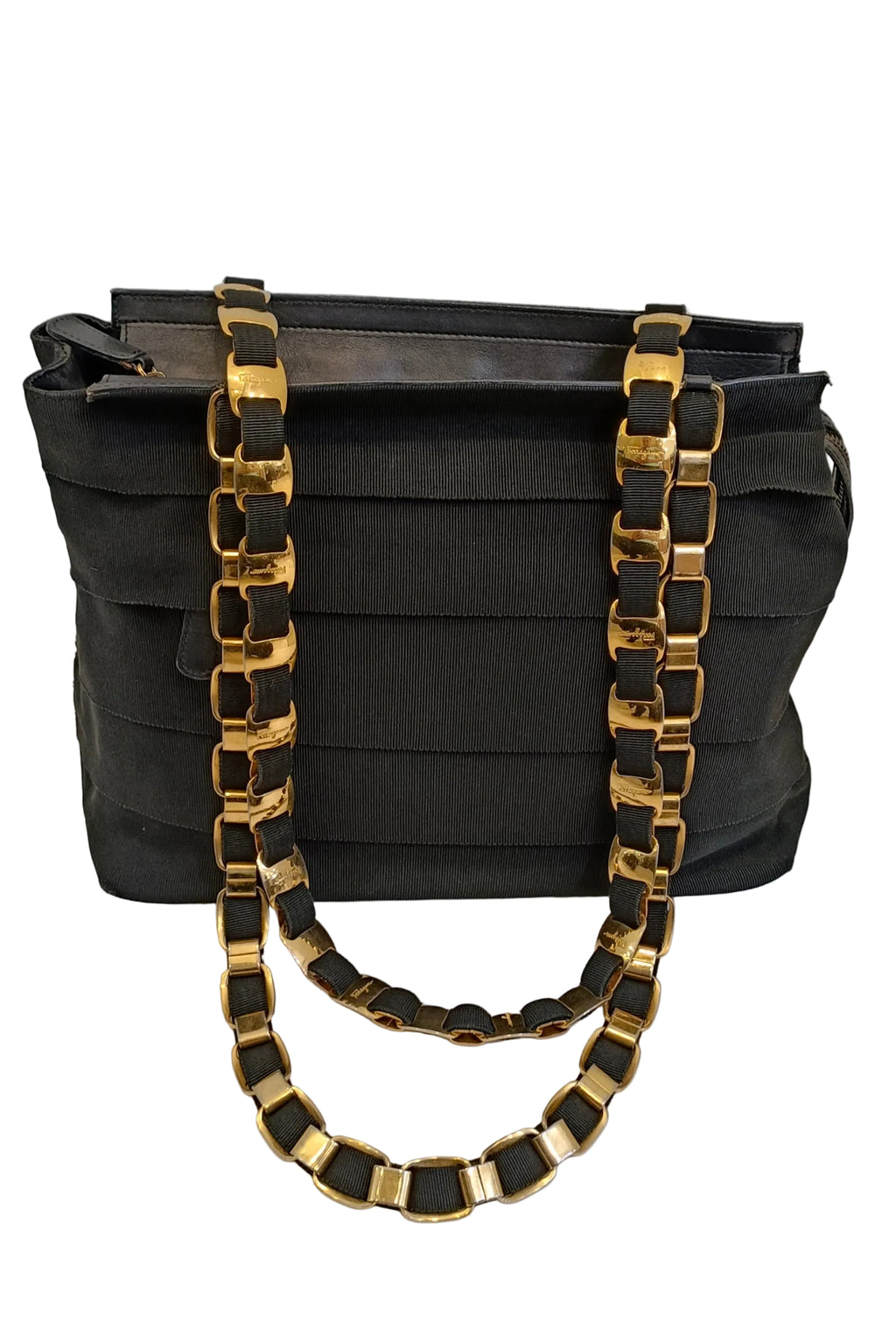 Ferragamo Shoulder Bag-Black Canvas Cloth & Gold Chain Strap