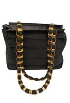 Ferragamo Shoulder Bag-Black Canvas Cloth & Gold Chain Strap