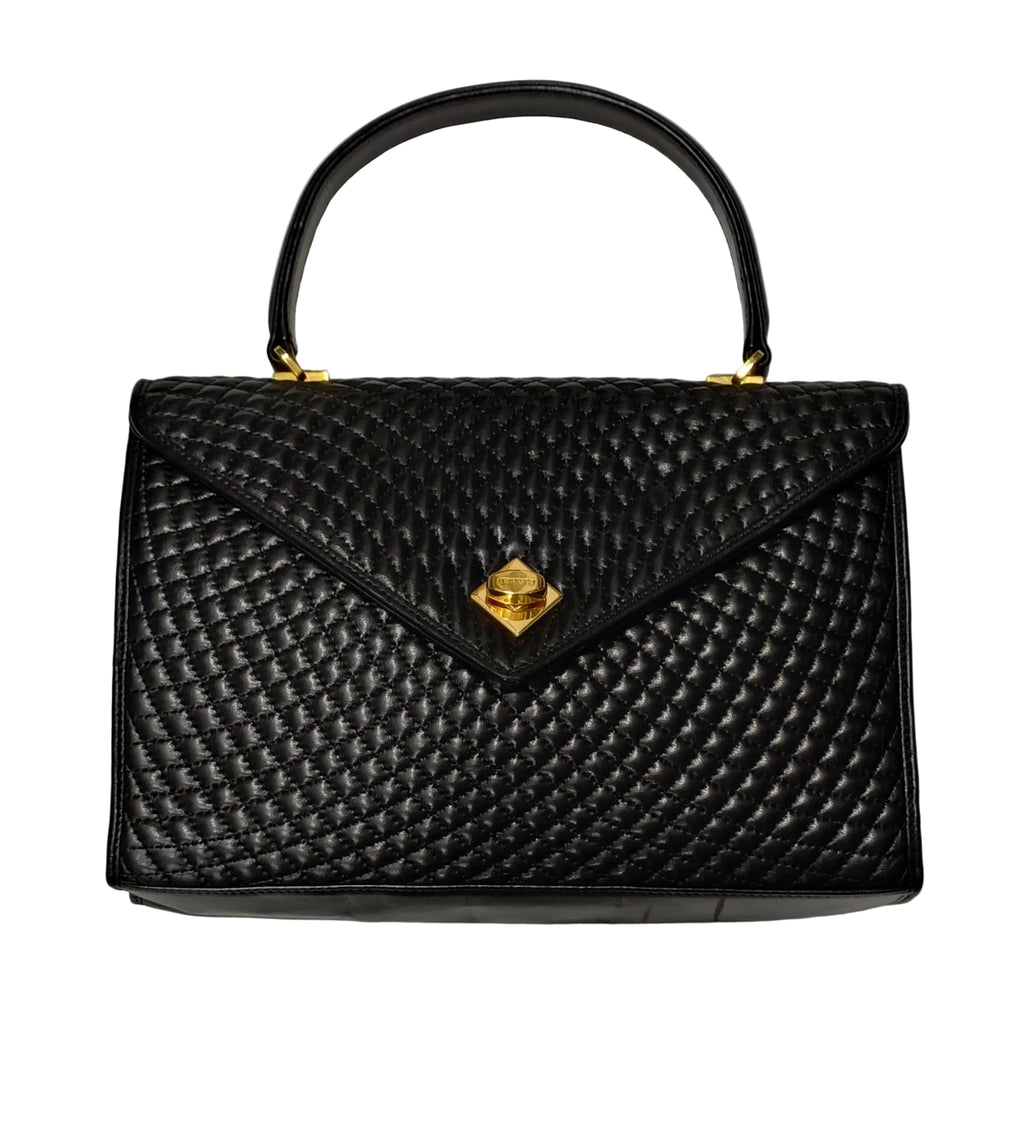 Bally Tote Bag-Black Quilted Leather & Gold Button