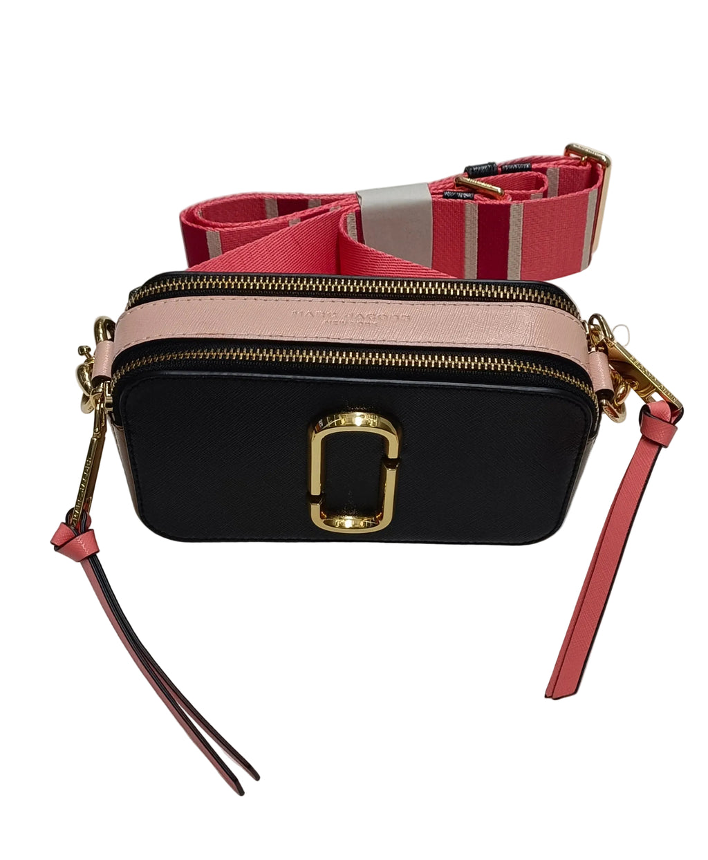 Marc Jacobs Double J Snapshot Shoulder Bag-Black-Brown-Pink/Pink Striped Strap
