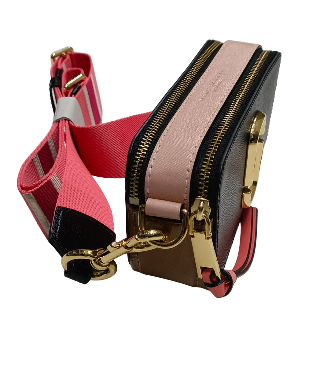 Marc Jacobs Double J Snapshot Shoulder Bag-Black-Brown-Pink/Pink Striped Strap