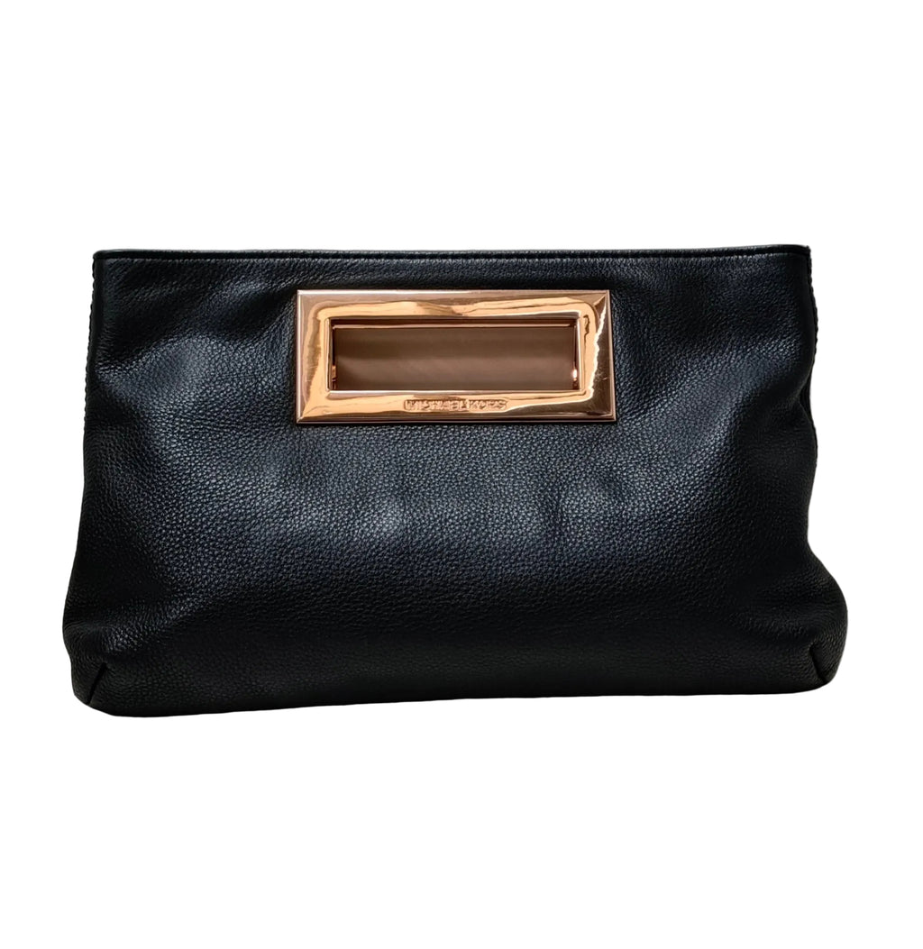 Michael Kors Hendbag-Black Leather Rose Gold Metal Clutch Handle