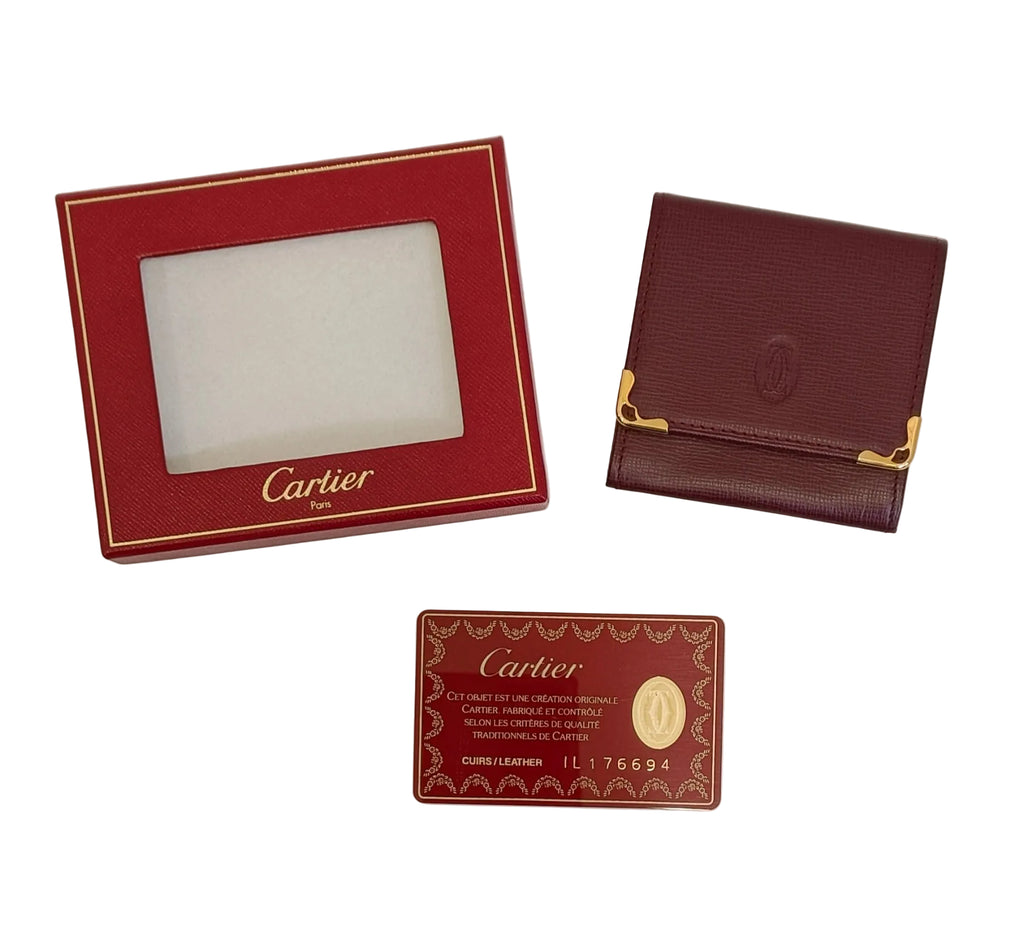Cartier Coin Purse-Burgundy Leather Golg Metal Trim-Box & Card