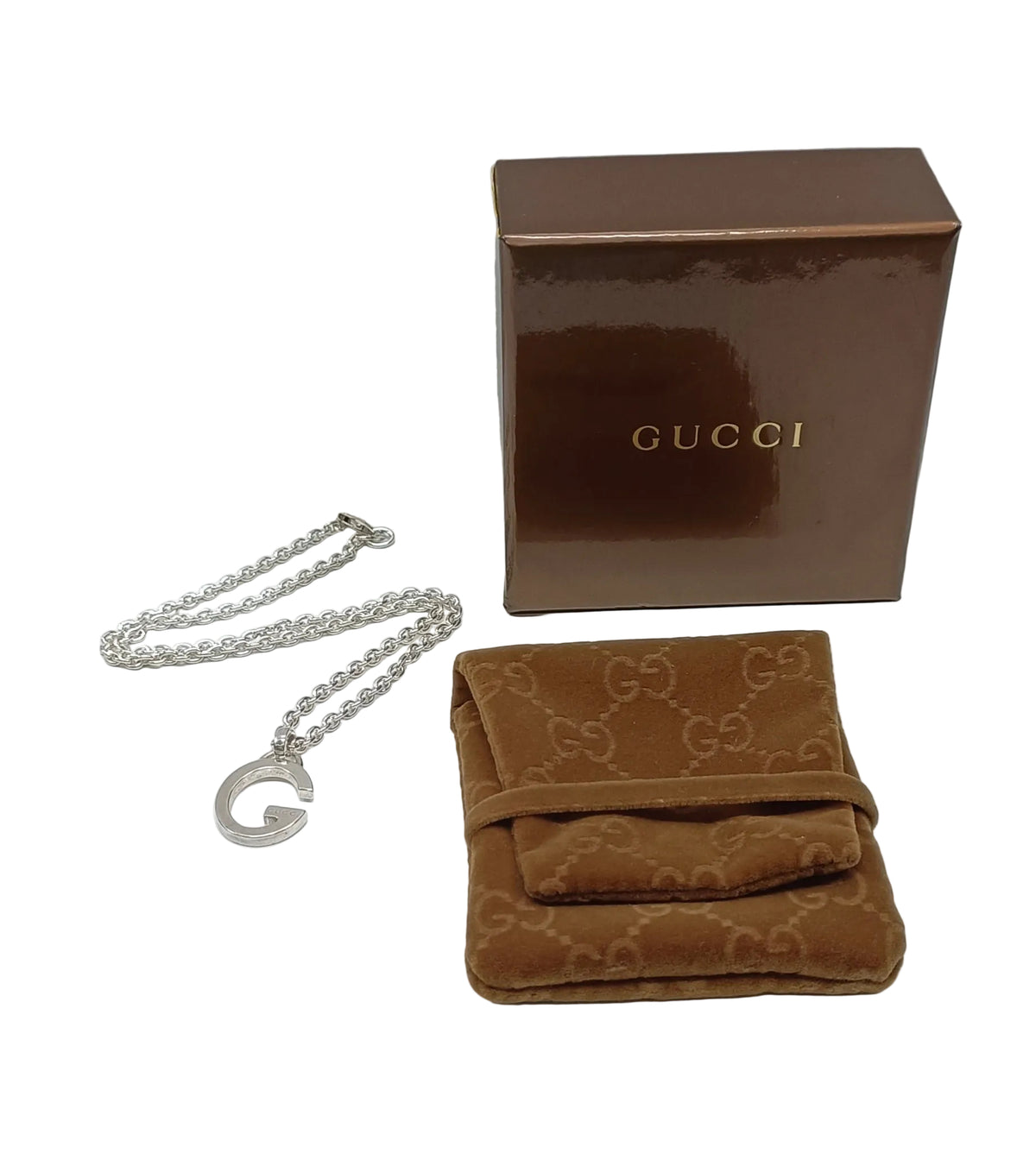Gucci Sterling Silver Necklace-G Letter Pendant/Box & Pouch